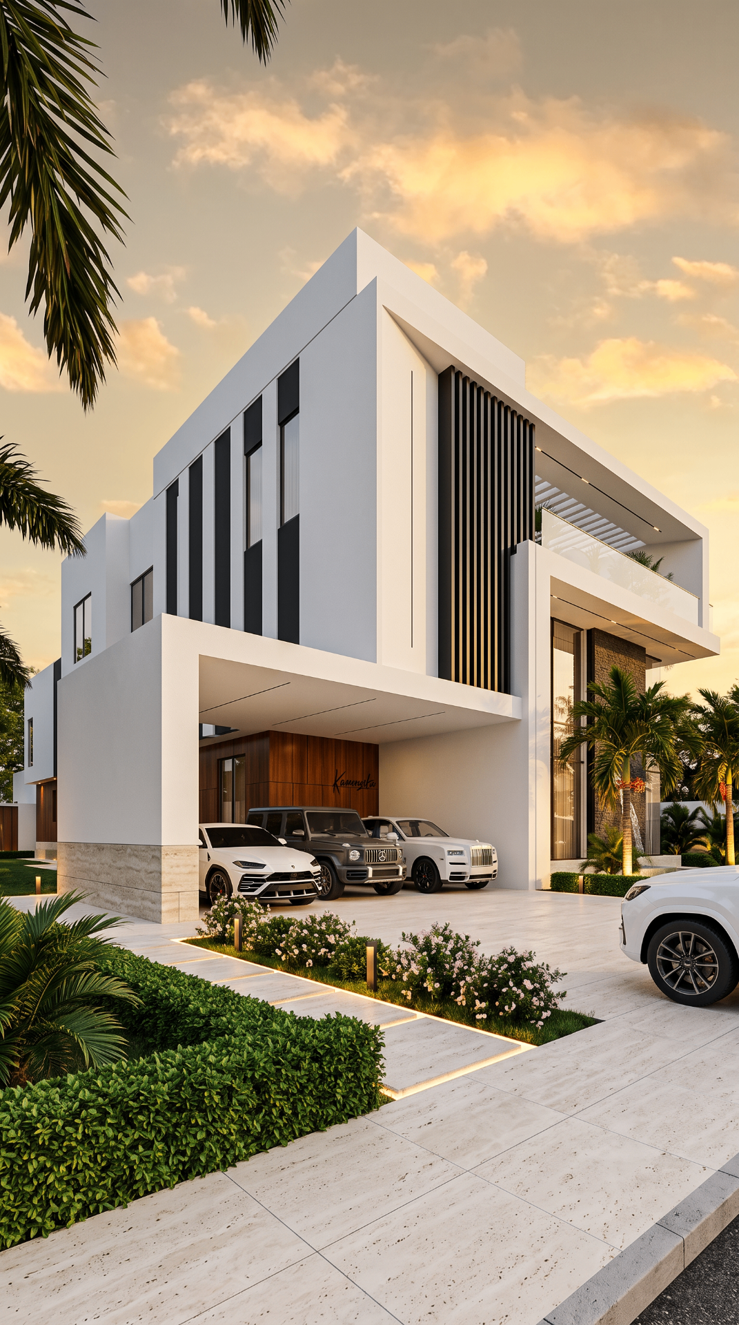 A contemporary authored residence at dusk