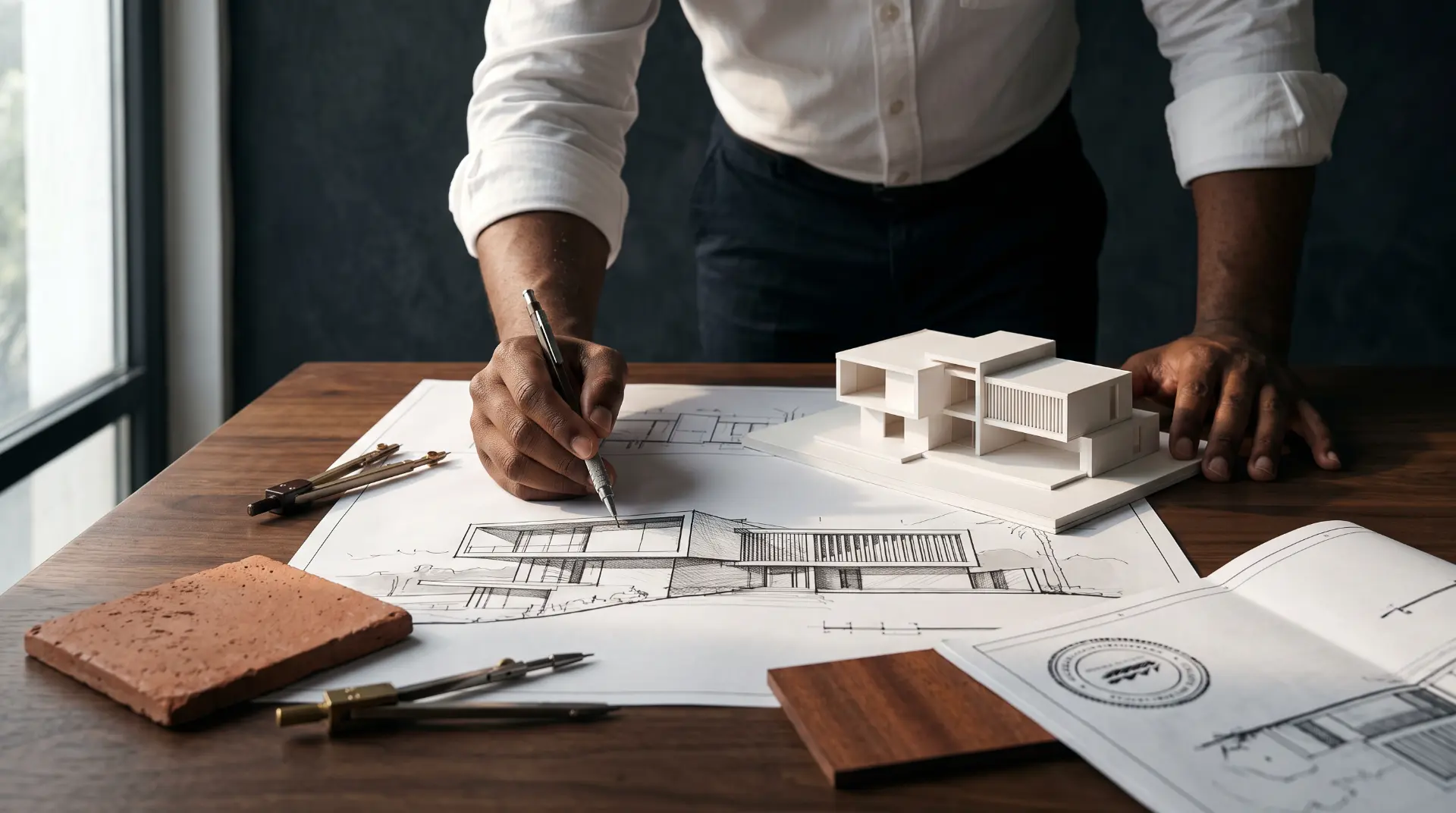 An architect drawing over a residence elevation beside a physical model and material samples