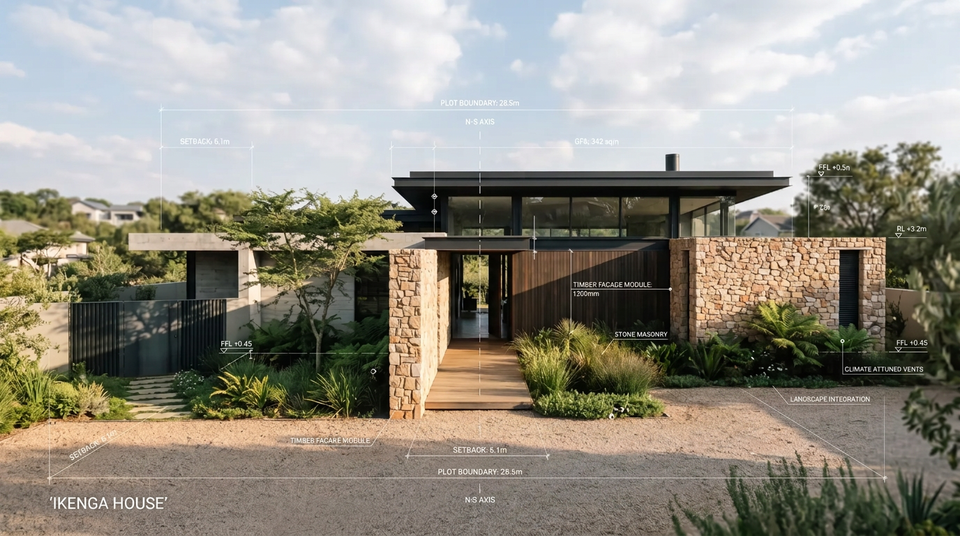 A contemporary Nigerian residence annotated with its plot boundary, setbacks and facade specification