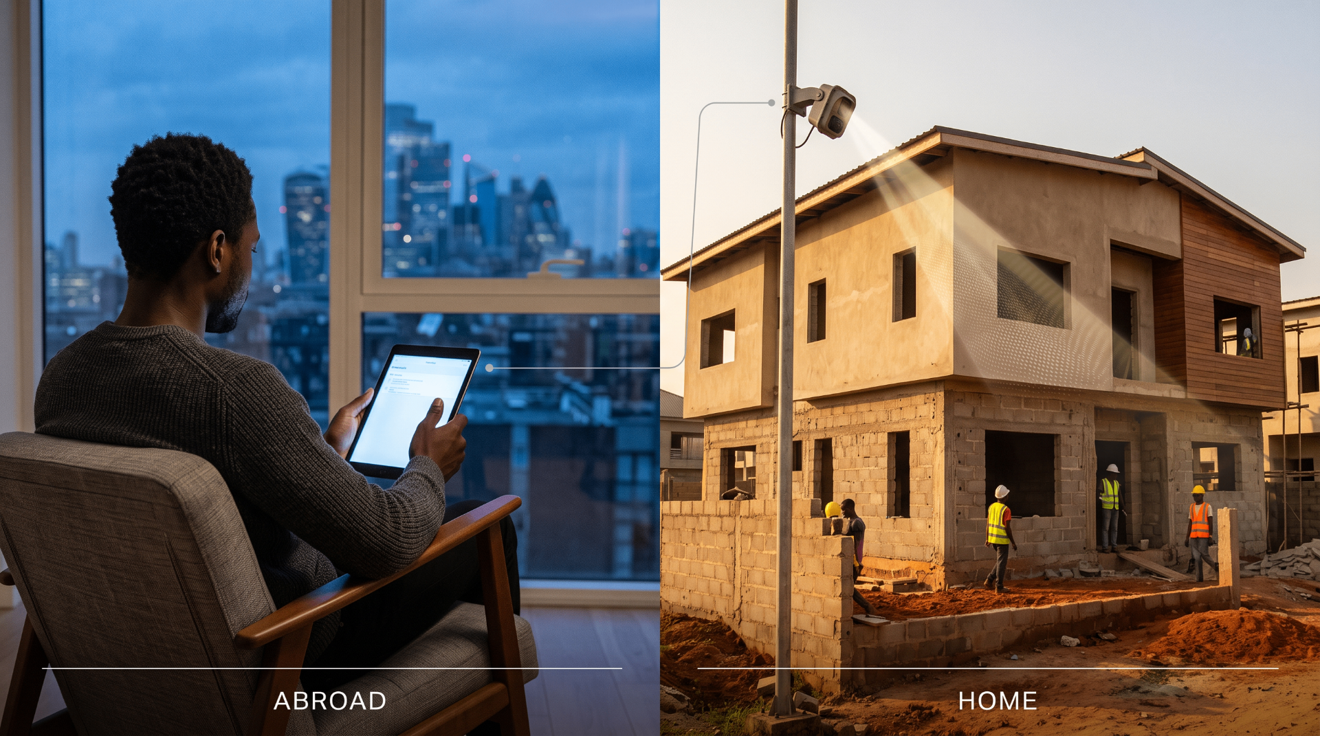 An owner abroad reviewing the live record of their home while it is built on site in Nigeria